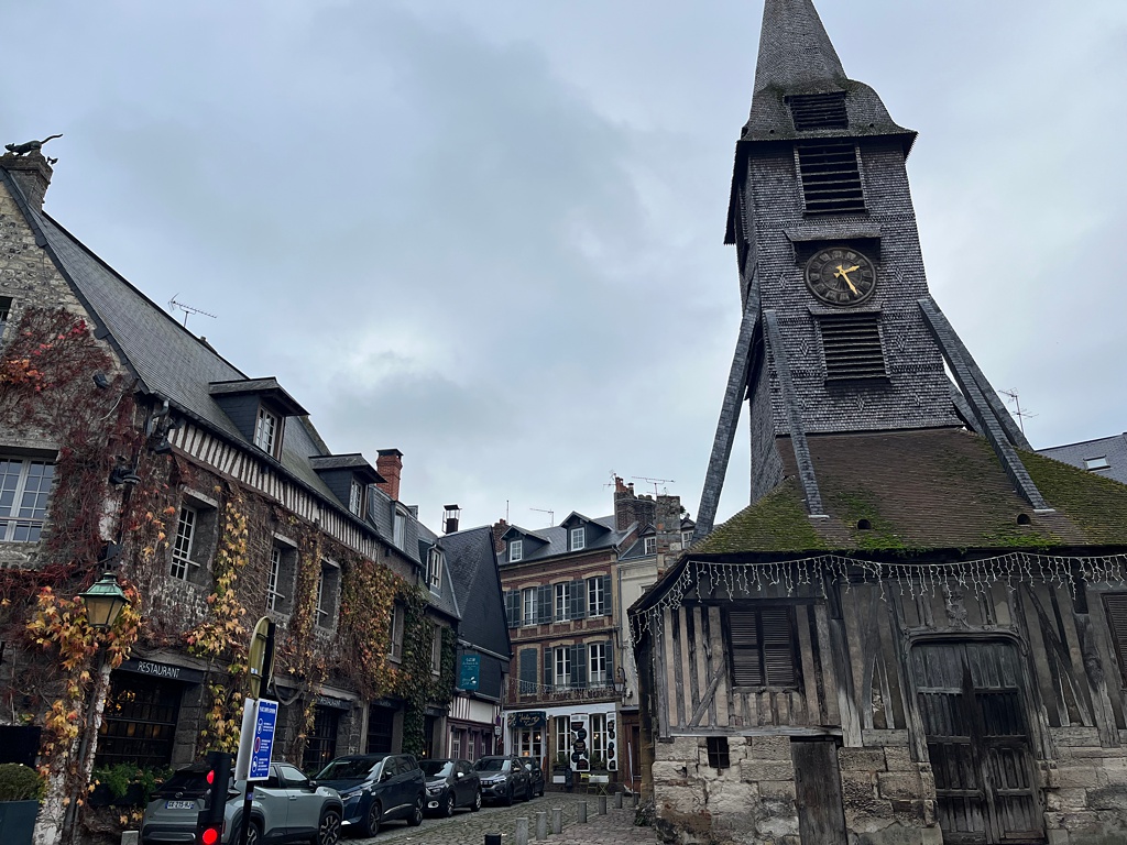 The center of Honfleur with Norman architecture and a wooden church