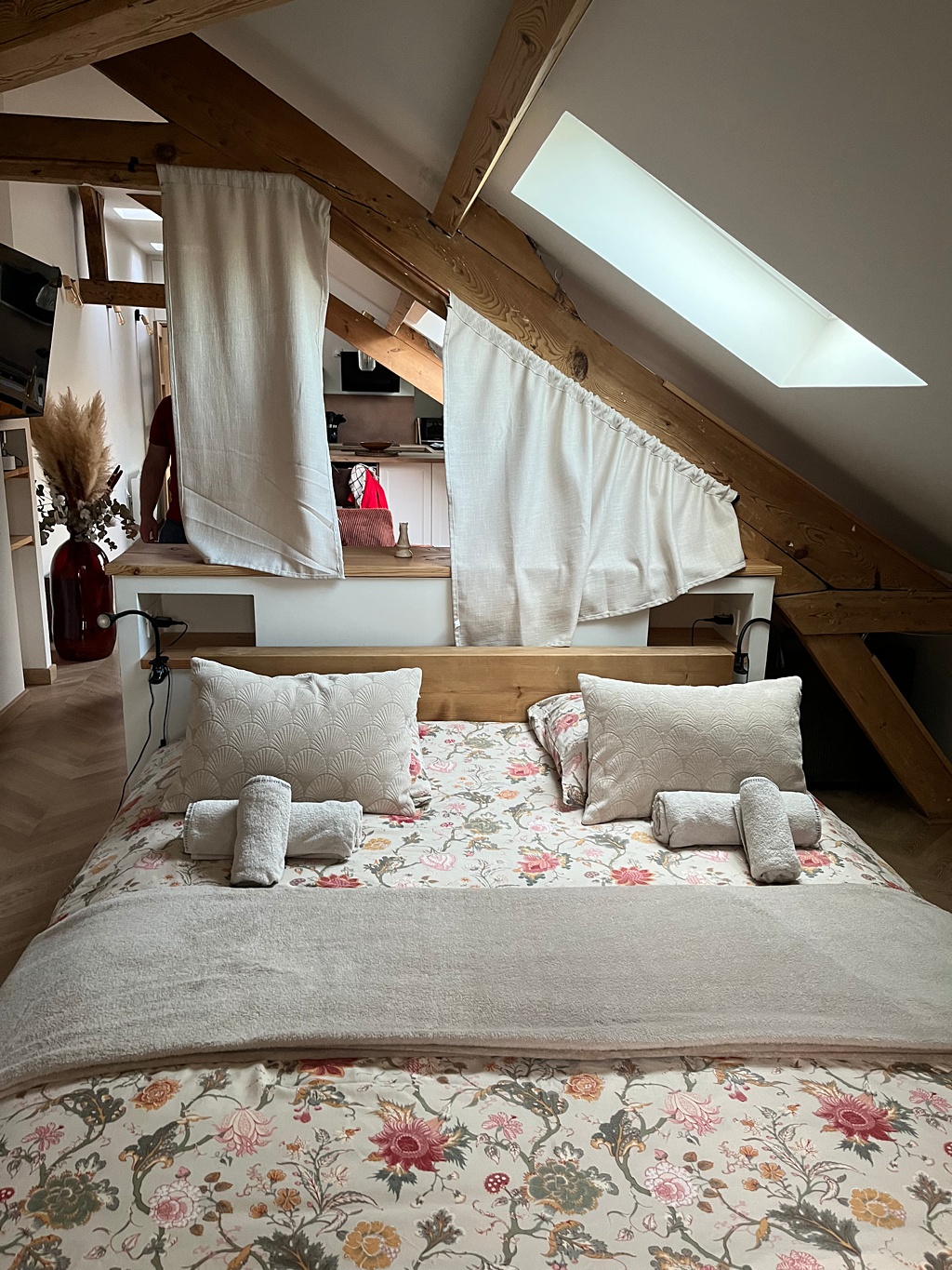 Our cute AirBNB in Dieppe, France in Normandy region with loft style apartment with exposed wooden beams and lots of skylights